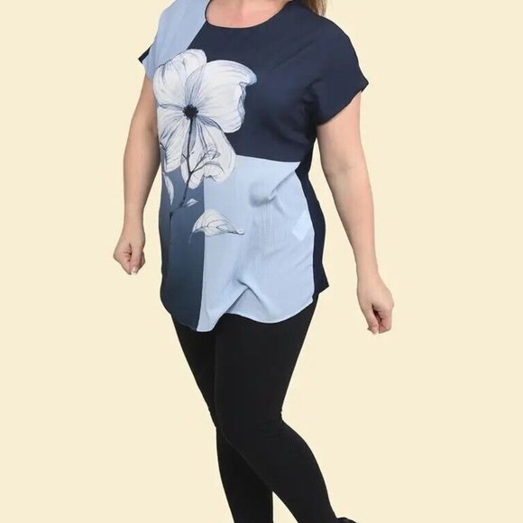 TAMSY BLUE Flower Pattern Breathable Round Neck Drop Sleeve Woven Knit Top-L - Picture 2 of 6